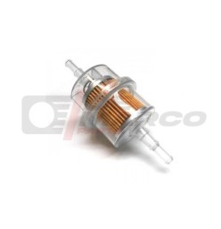 Wide plastic fuel filter for hoses with an internal diameter of 5 to 7 mm