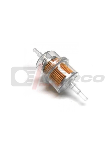 Wide plastic fuel filter for hoses with an internal diameter of 5 to 7 mm